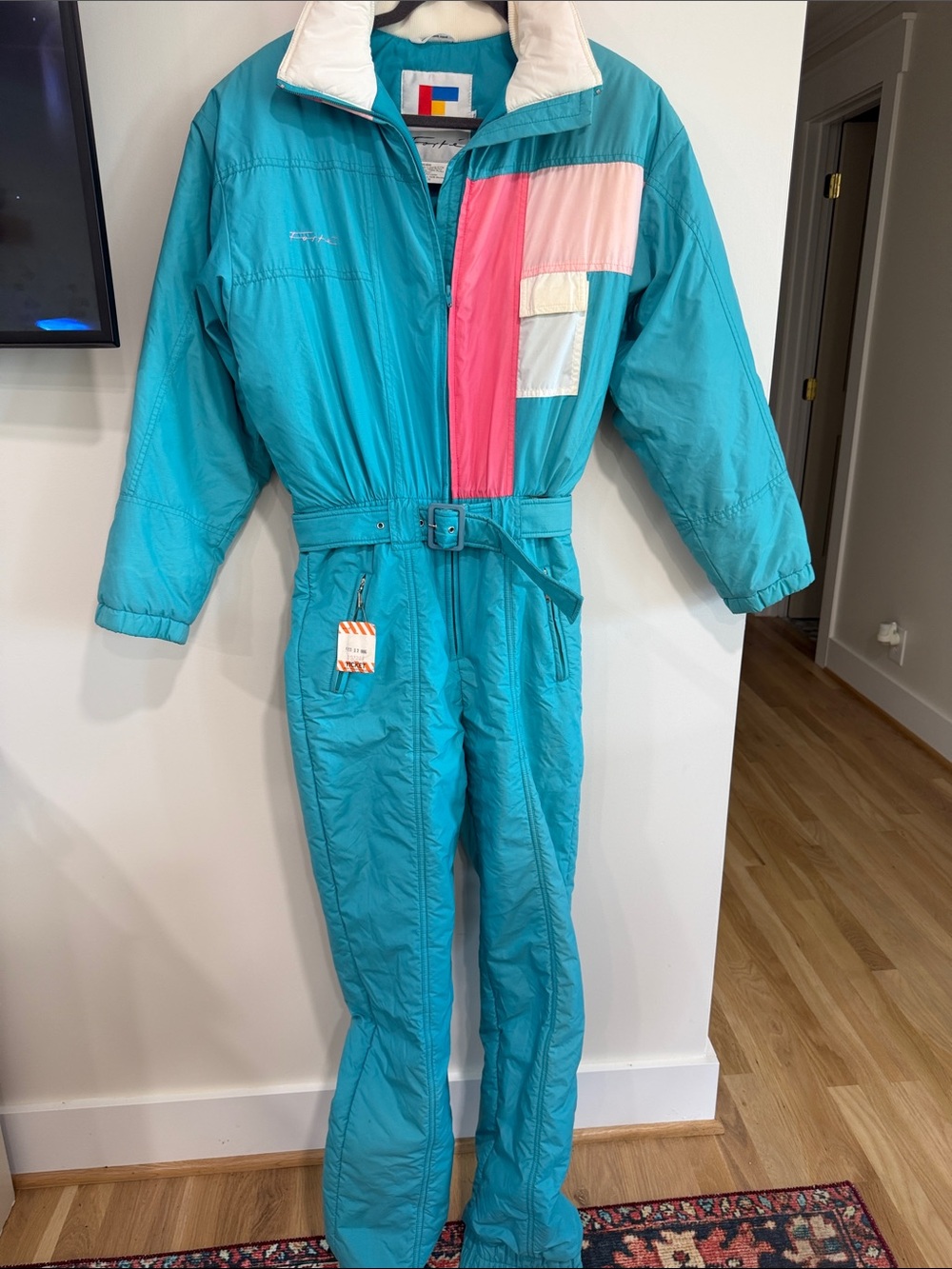 Forte Turquoise One-Piece Ski Suit with Pink & White Panels Y2K